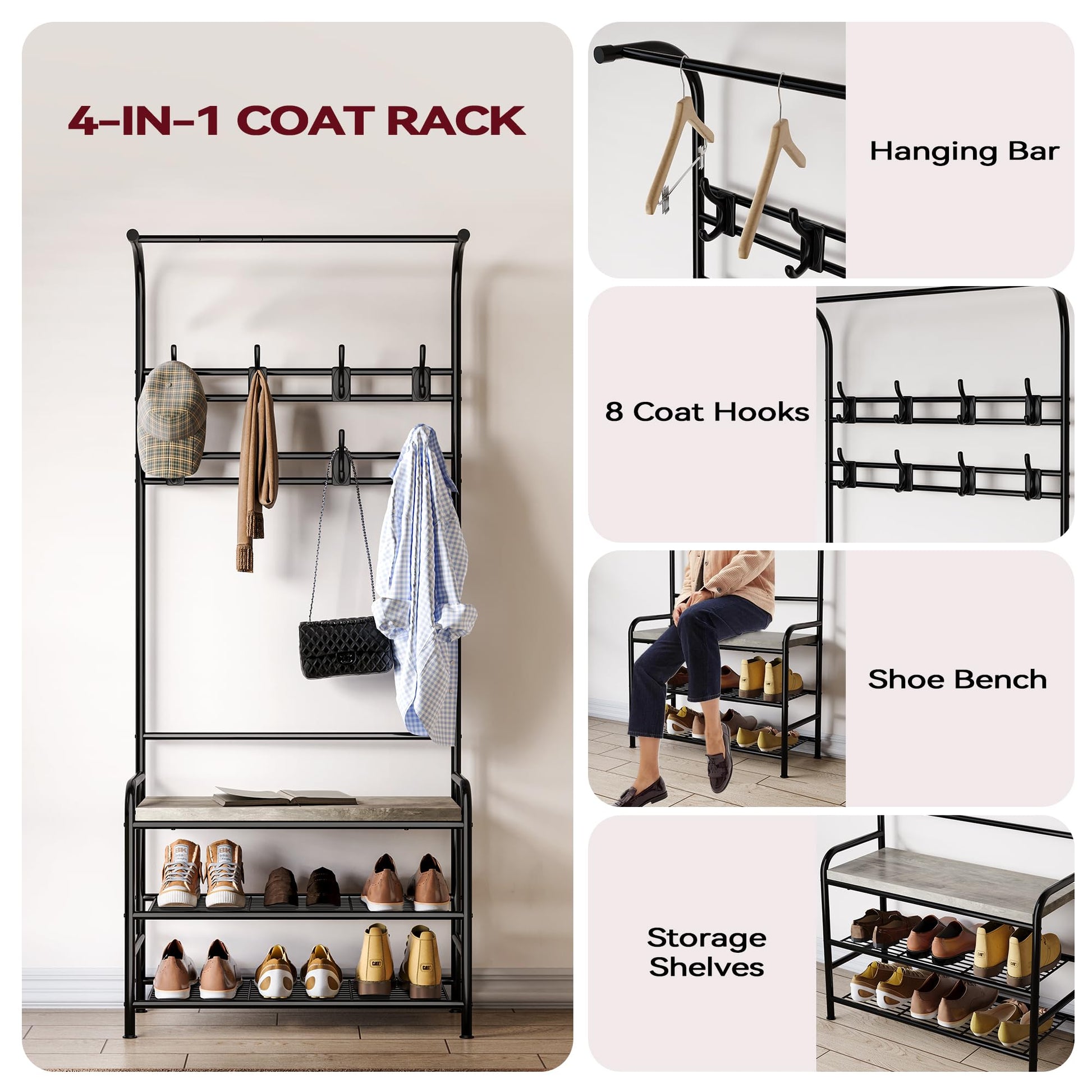Porte-chaussures Garvee avec banc et 8 crochets, armoire 4 en 1 pour entrée et chambre, 60 x 30 x 180 cm, gris