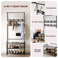Porte-chaussures Garvee avec banc et 8 crochets, armoire 4 en 1 pour entrée et chambre, 60 x 30 x 180 cm, gris