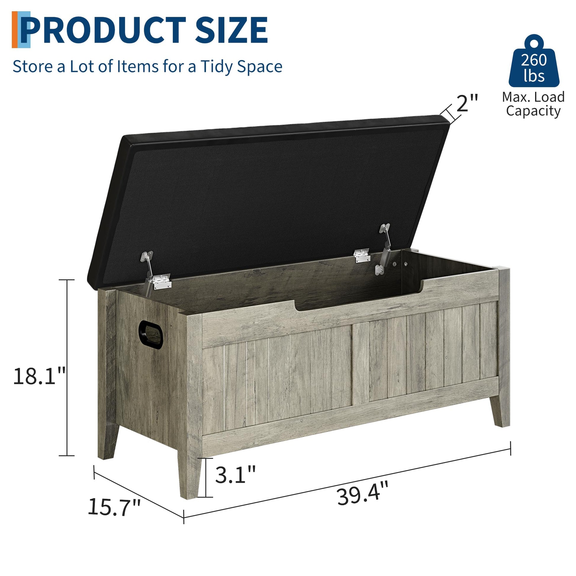 Banc de rangement en bois Garvee avec coussin d'assise, charnières de sécurité, capacité de charge de 118 kg (260 lb) pour salon et chambre, 100 cm (39,4 po) L x 40 cm (15,7 po) l x 48 cm (18,9 po) H, bois aggloméré, beige