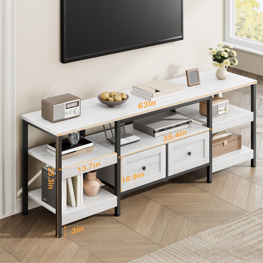 Garvee Meuble TV industriel de 160 cm avec 2 tiroirs, structure en MDF et métal, blanc, pour salon et bureau