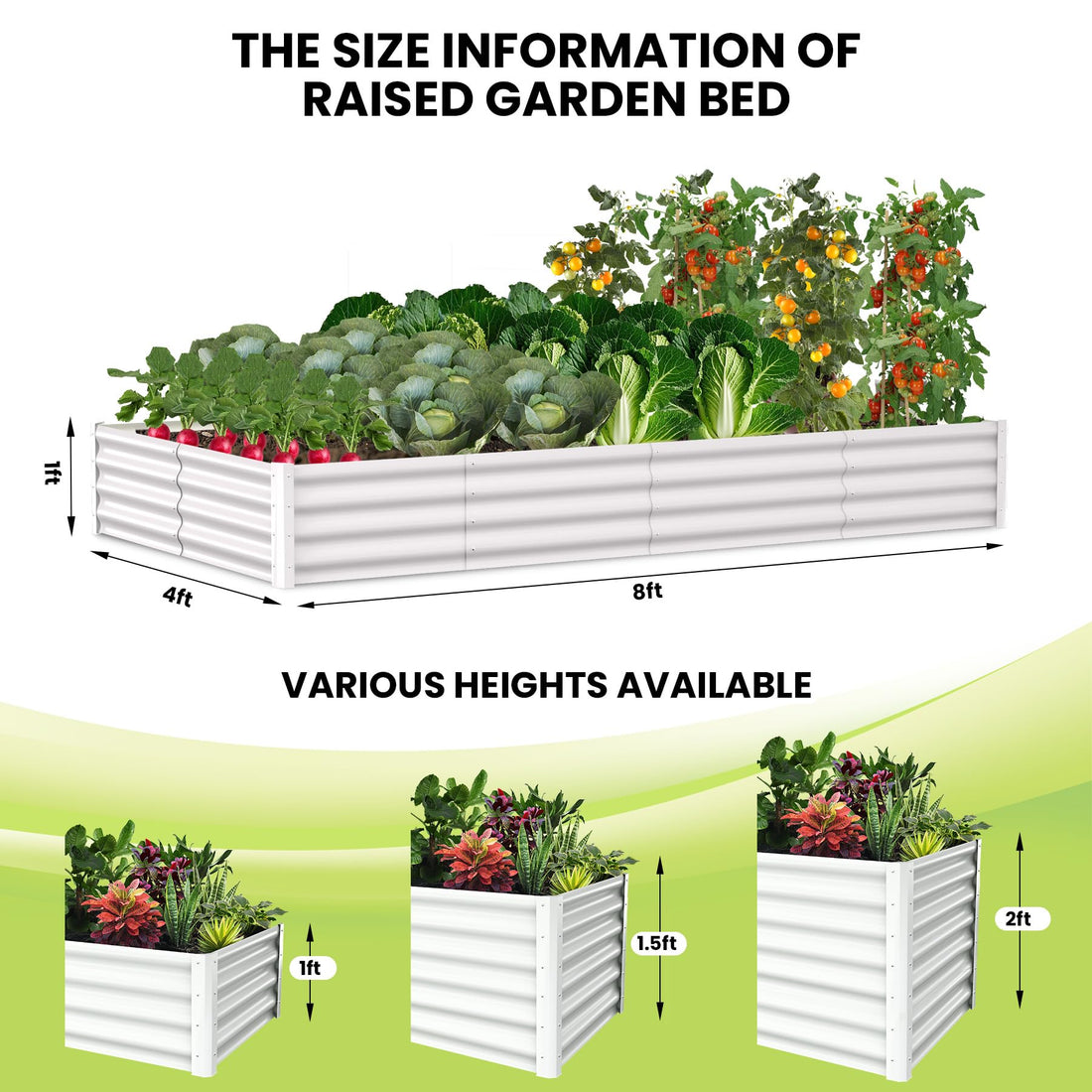 Jardinière surélevée Garvee, en métal, rectangulaire, 2,4 x 1,2 x 0,3 m, blanche, durable et antirouille, revêtement en poudre, fond ouvert, montage sans outil, pour le jardin et la culture de légumes