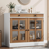Garvee buffet 90 cm avec portes en verre, rangement ajustable, tiroirs, bois blanc et marron, moderne, cuisine et salle à manger - Blanc et brun