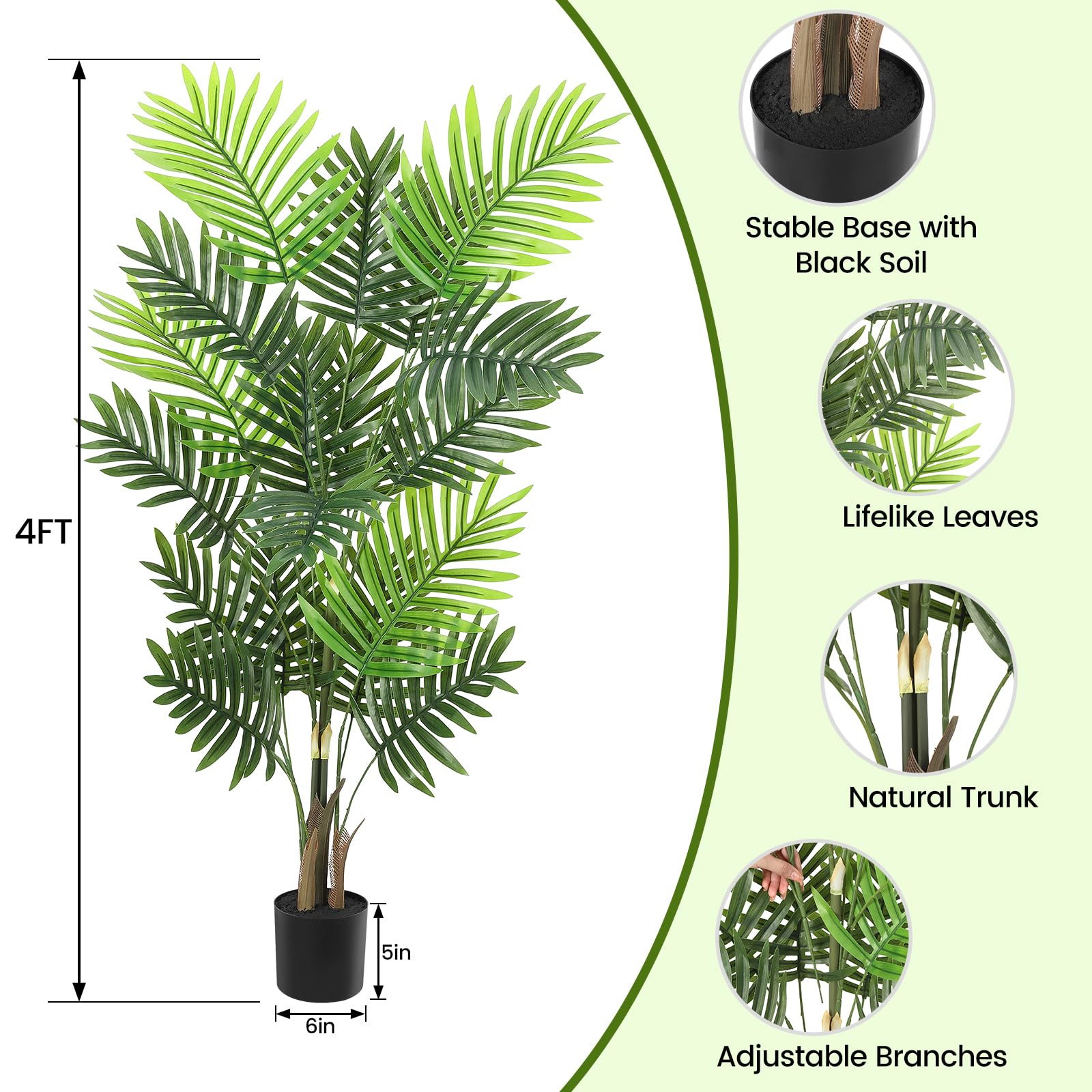 Palmier artificiel Garvee de 120 cm avec pot, tronc ajustable, polyester résistant, vert, idéal pour le bureau et le salon.