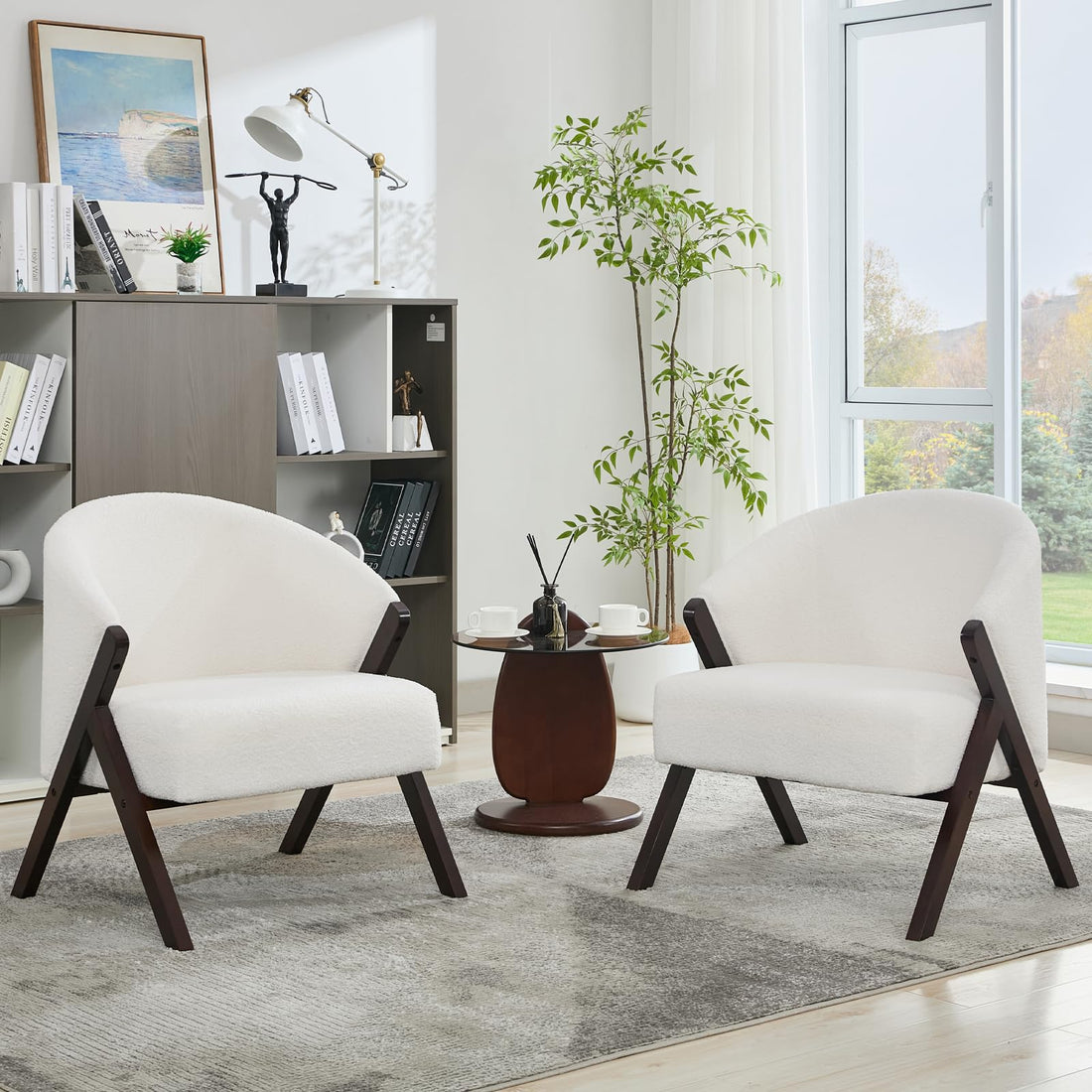 Fauteuil d'appoint Garvee style moderne du milieu du siècle, structure en bois, revêtement en lin, confortable, idéal pour le salon, la chambre ou le balcon.