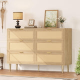 Garvee commode en rotin 6 tiroirs avec poignées dorées pour chambre grande capacité bois robuste pieds métalliques design anti-basculement - Naturel