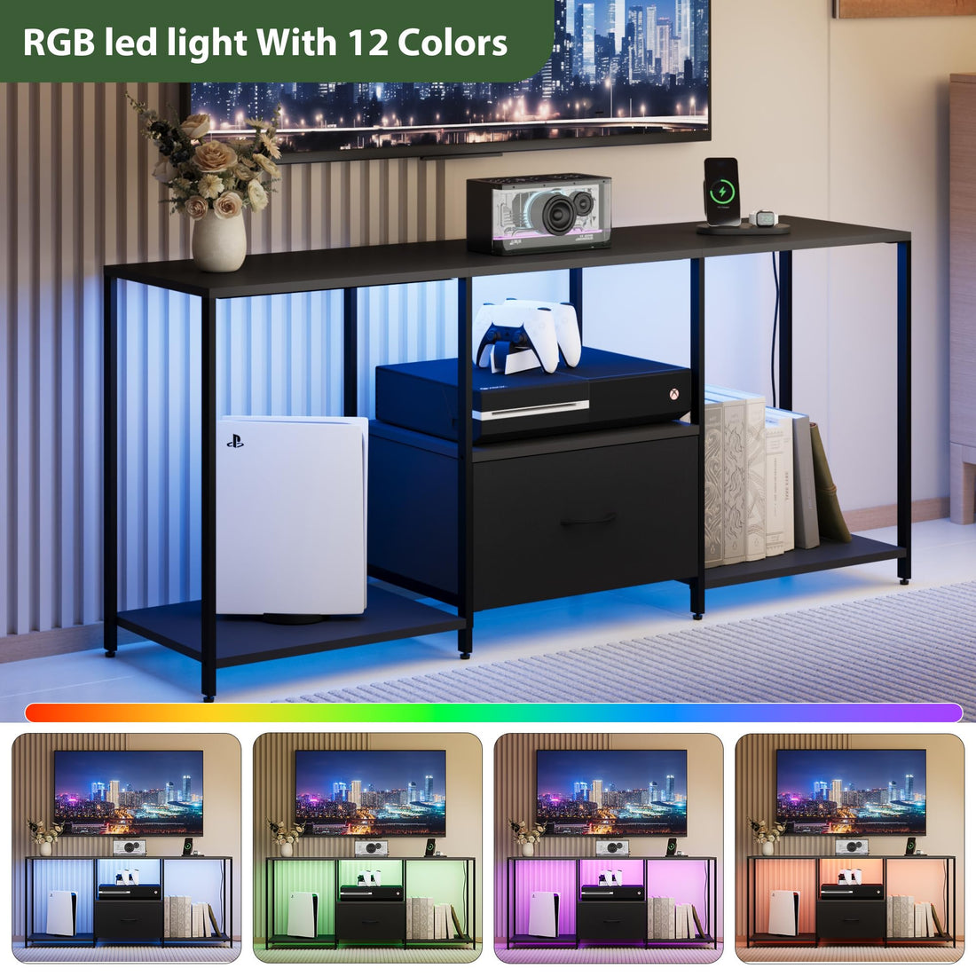 Garvee meuble TV 140 cm avec éclairage LED, étagère ouverte, tiroir en tissu, meuble multimédia noir pour le salon et la chambre