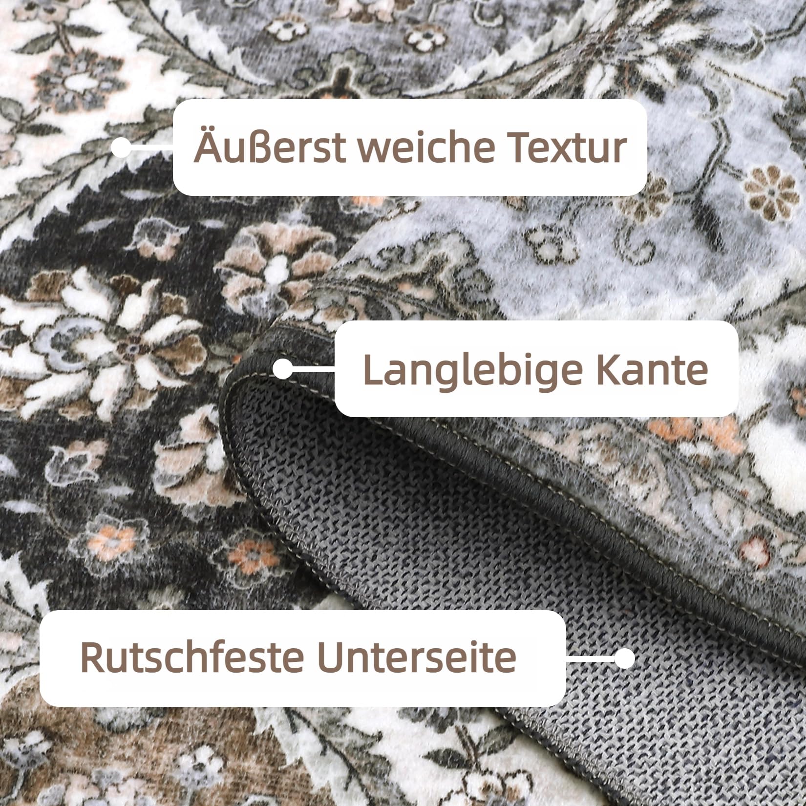 Tapis Garvee petit format 80x150cm, style vintage, idéal pour l'entrée, la chambre ou la cuisine. Gris et marron, antidérapant et lavable.