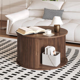 Garvee table basse ronde 71 cm avec rangement, porte tambour flûtée rotative, bois de chêne, double compartiment, sécurité enfants, salon - Noyer