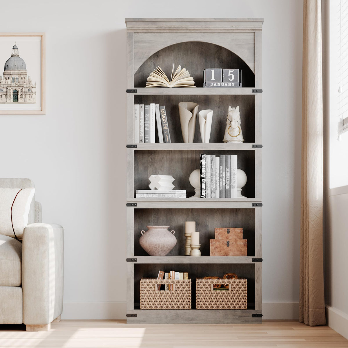 Garvee étagère incurvée , 5 tablettes, 175 cm de hauteur, style champêtre, pour salon ou bureau, bois brun