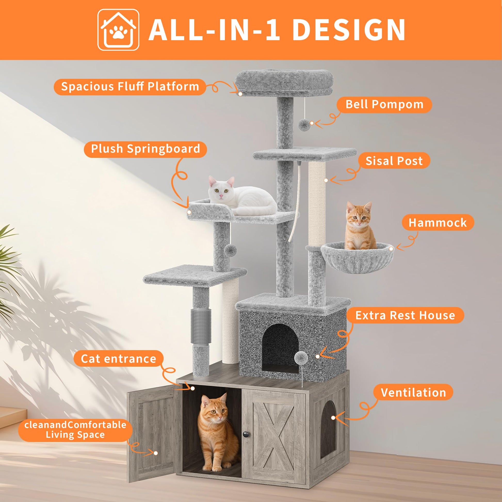 Enclos pour litière Garvee avec arbre à chat 2 en 1, mobilier pour chat en bois gris inodore, mobilier d'intérieur pour chat