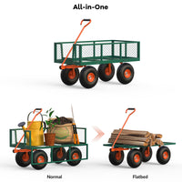 Garvee Chariot de jardin en acier robuste, charge 227 kg, ridelles amovibles, pneus tout-terrain de 25 cm et poignée pivotante, vert et orange