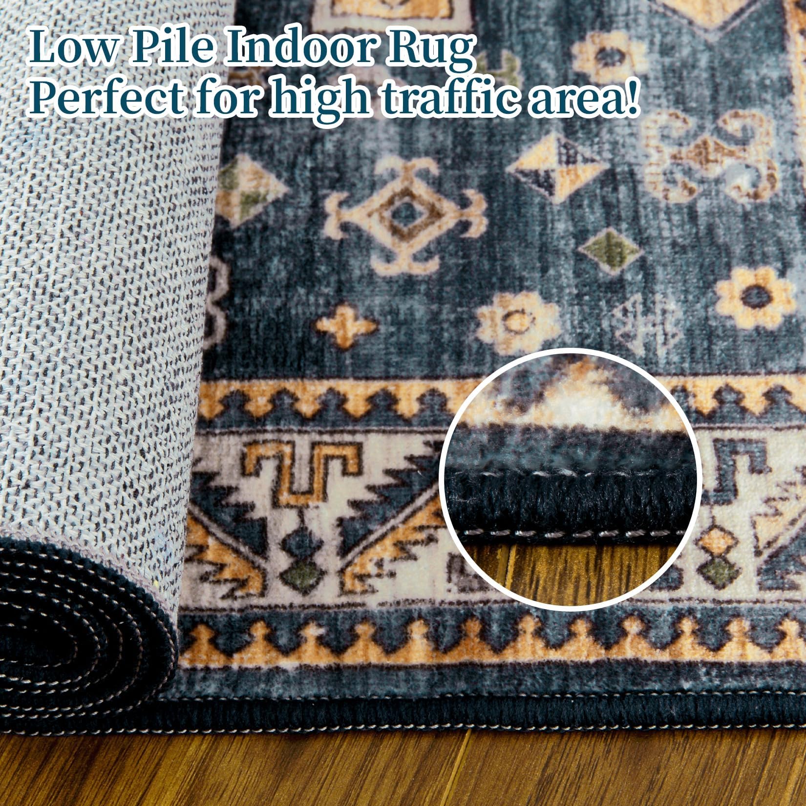 Tapis oriental vintage Garvee 160x230cm bleu, lavable, antidérapant, pour salon et chambre, style bohème, polyester