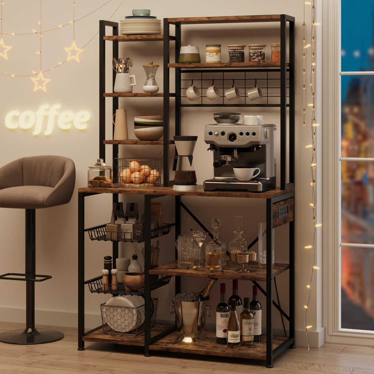 Garvee étagère de boulangerie avec prises électriques, support micro-ondes à 7 niveaux, structure en métal, étagères en bois, 90 × 40 × 178 cm, polyvalente et stable, rouge