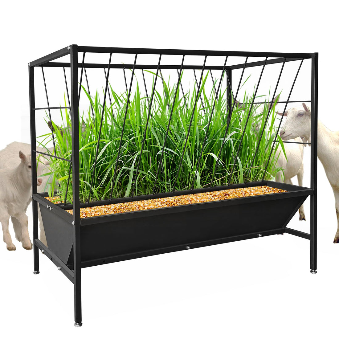 Mangeoire à foin Garvee Pasture de 45 gallons en acier robuste 2 en 1 avec râtelier à foin pour chevaux et moutons, usage extérieur et intérieur, noir