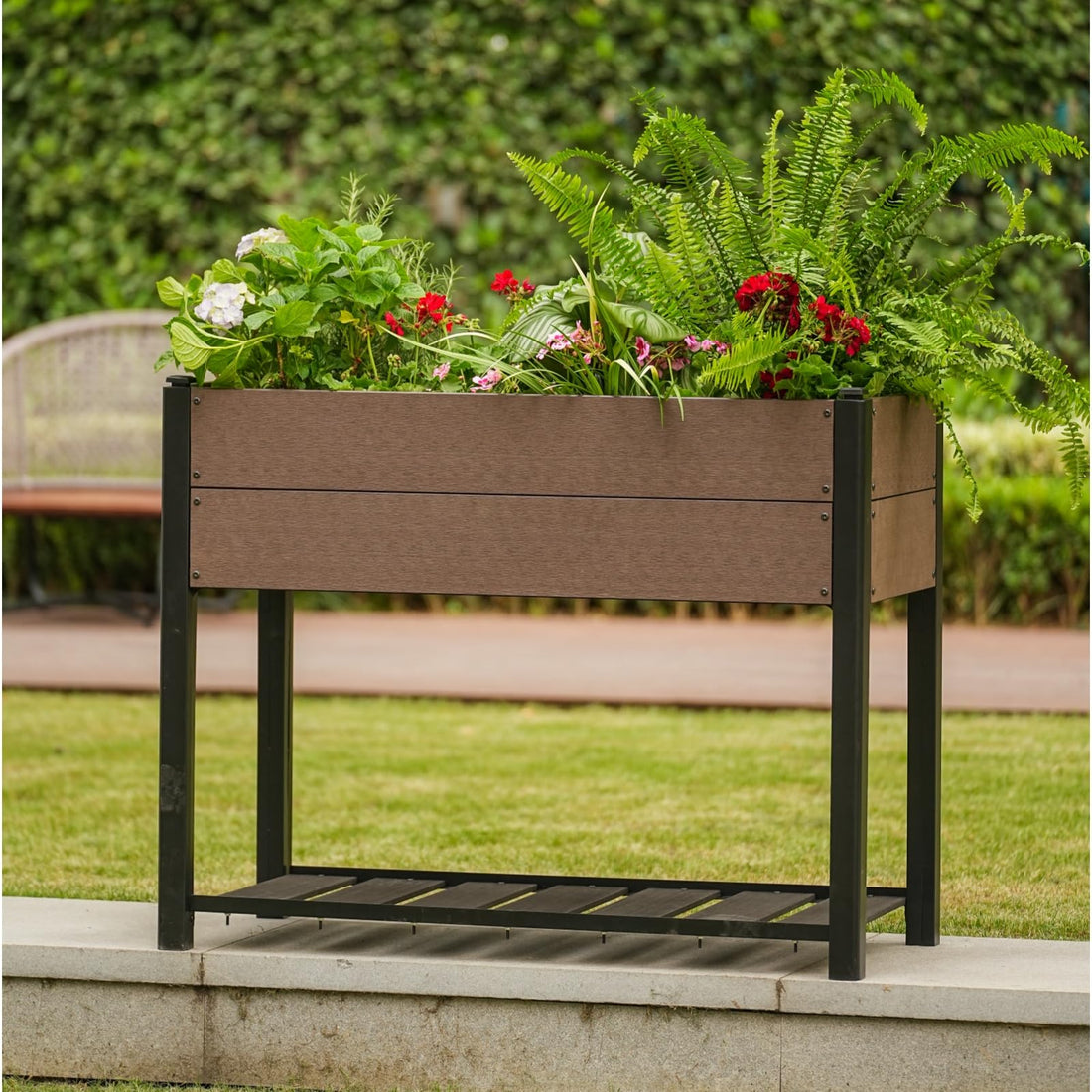 Jardinière surélevée Garvee en PEHD avec étagère, résistante aux intempéries, stable, structure en aluminium pour balcon et jardin, sans produits chimiques, 100 x 50 x 30 cm, grise