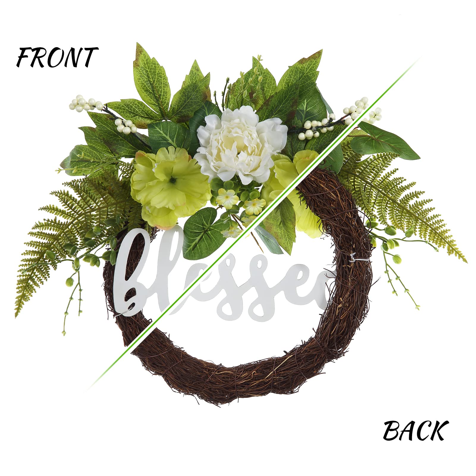 Couronne de porte Garvee Printemps-Été 61 cm (24 pouces) Hortensia vert, panneau « Béni », artificielle, faite à la main, résistante aux intempéries pour porte d'entrée et usage intérieur