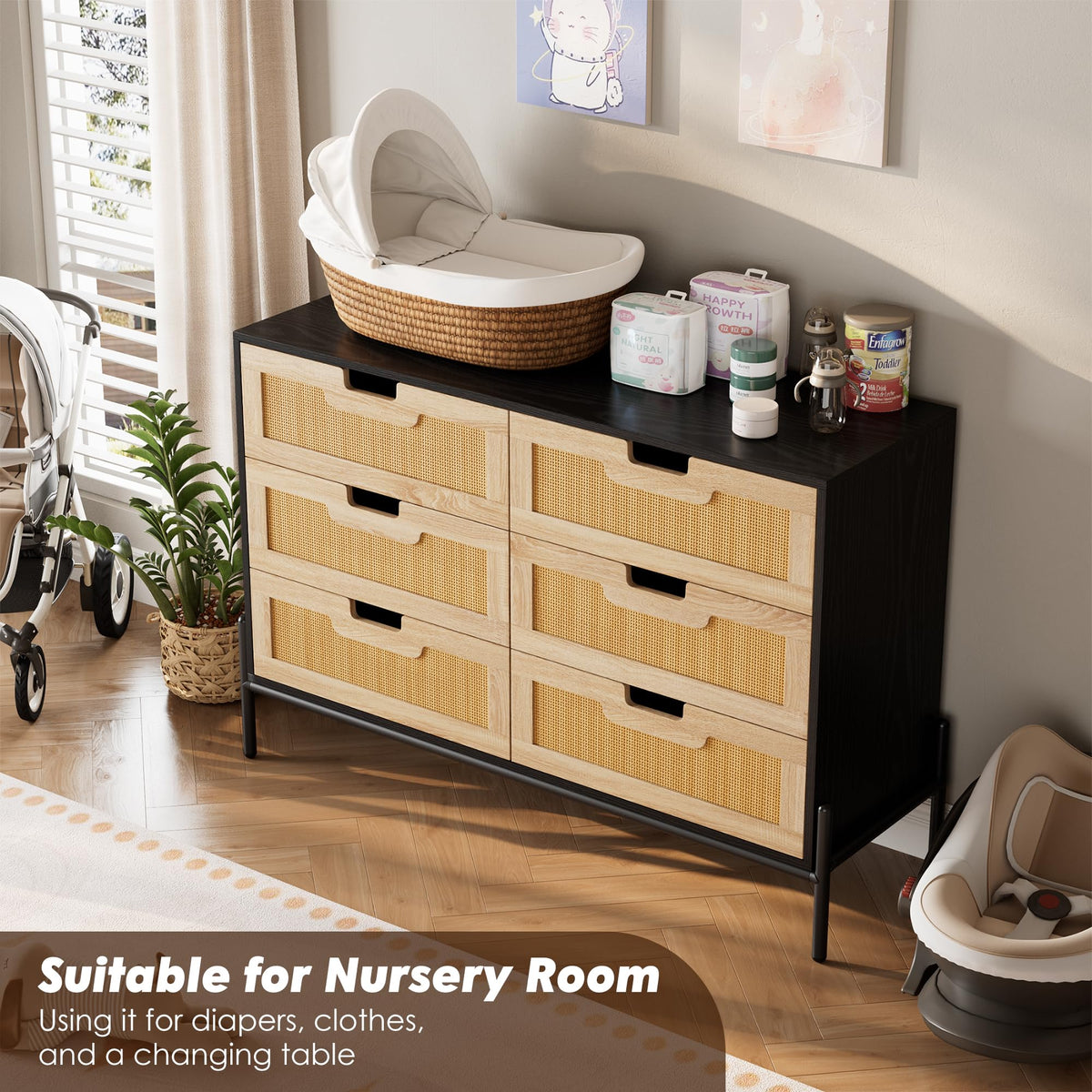 Garvee commode en rotin naturel à 6 tiroirs, pieds en bois et métal, idéale pour la chambre et le salon, imperméable et résistante