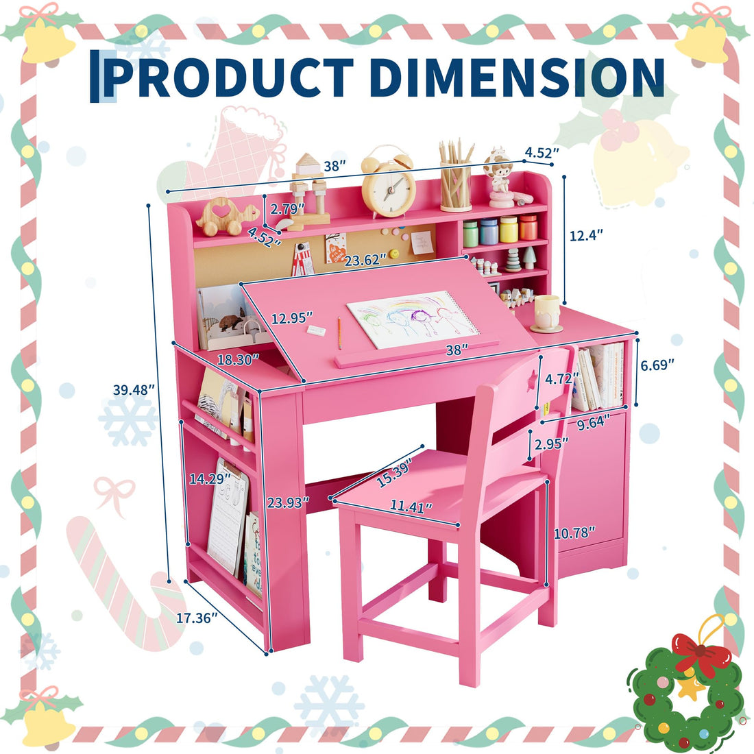 Garvee Bureau enfant ergonomique rose avec chaise, plateau inclinable et meuble de rangement, idéal pour étude, devoirs et activités créatives