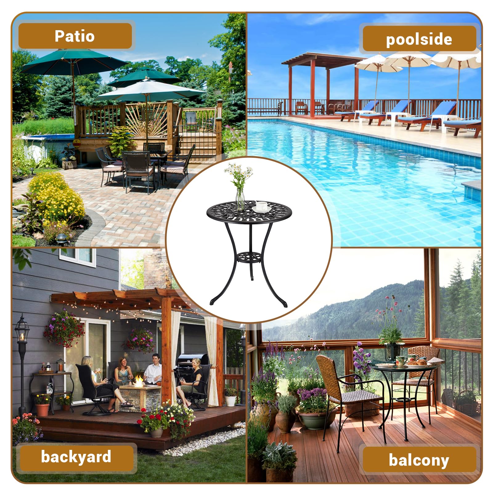 Table bistro d'extérieur ronde Garvee 61 cm (24 po) en fonte avec trou pour parasol de 5 cm (2 po) pour balcon et jardin, noire