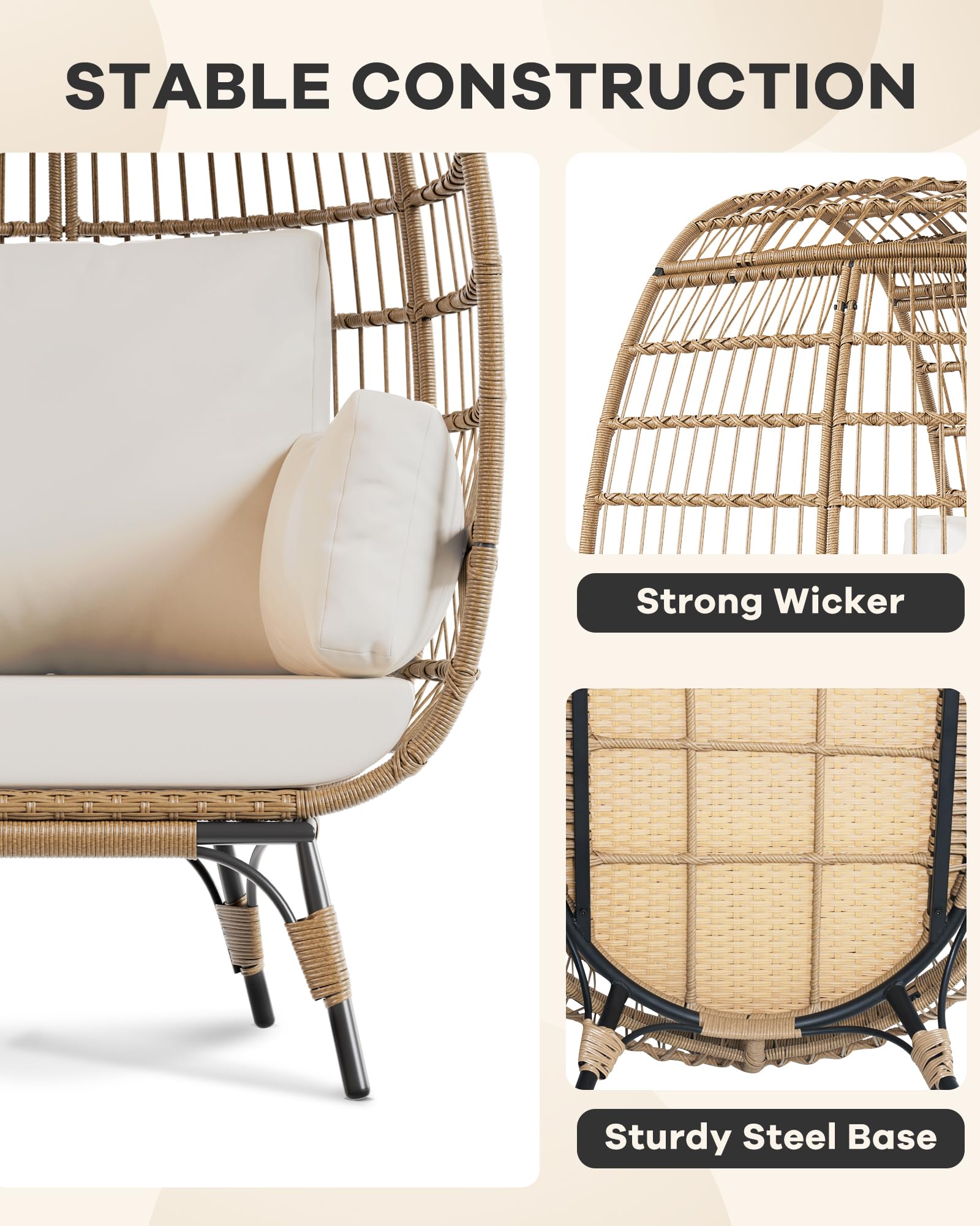 Fauteuil œuf surdimensionné Garvee en résine tressée avec structure en acier, ergonomique, résistant aux intempéries, pour terrasse/salon, compact, élégant, en rotin résistant aux UV, 4 coussins