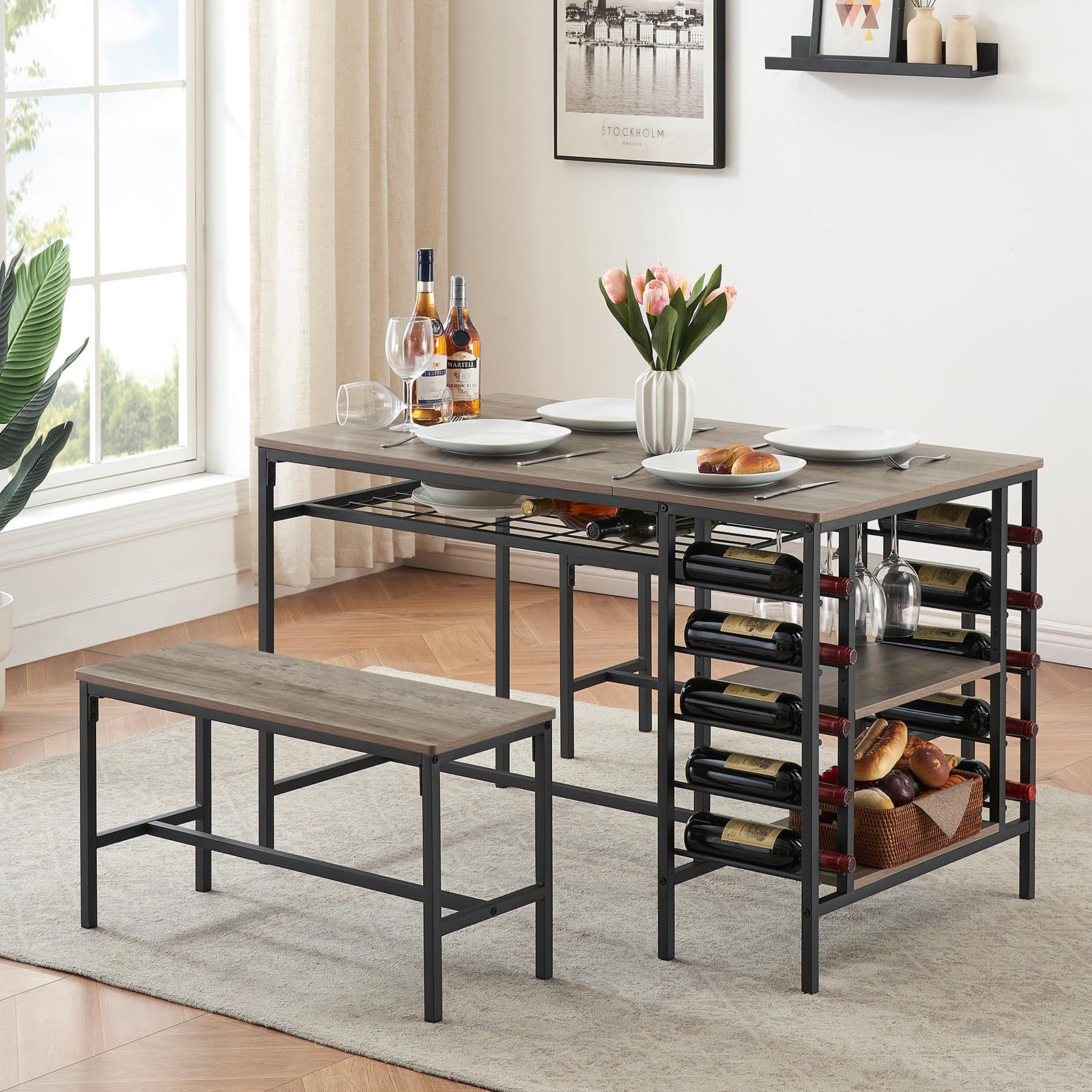 Ensemble de salle à manger Garvee pour 4 personnes avec casier à vin et rangement, métal et bois, gain de place, robuste, 2 bancs, idéal pour les petits espaces