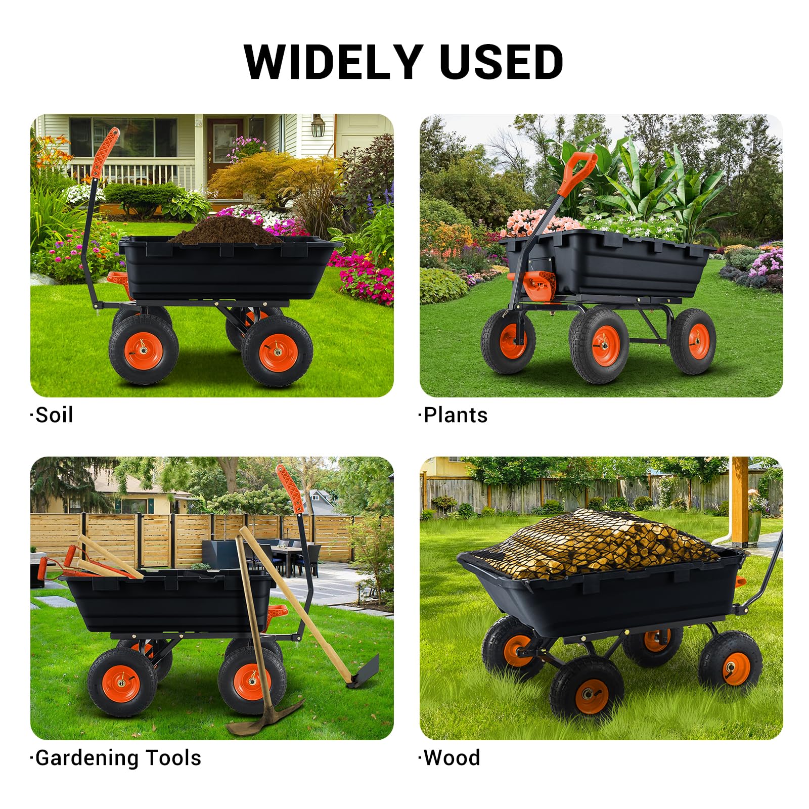 Garvee Chariot-benne de jardin 363 kg, cadre en acier robuste, roues tout-terrain 25,4 cm, benne grillagée pour jardin, ferme et travaux extérieurs