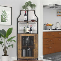 Meuble bar d'angle Garvee pour spiritueux avec étagères réglables, 155 cm, structure en métal, porte grillagée, MDF, pieds antidérapants, anti-basculement, cuisine et salon