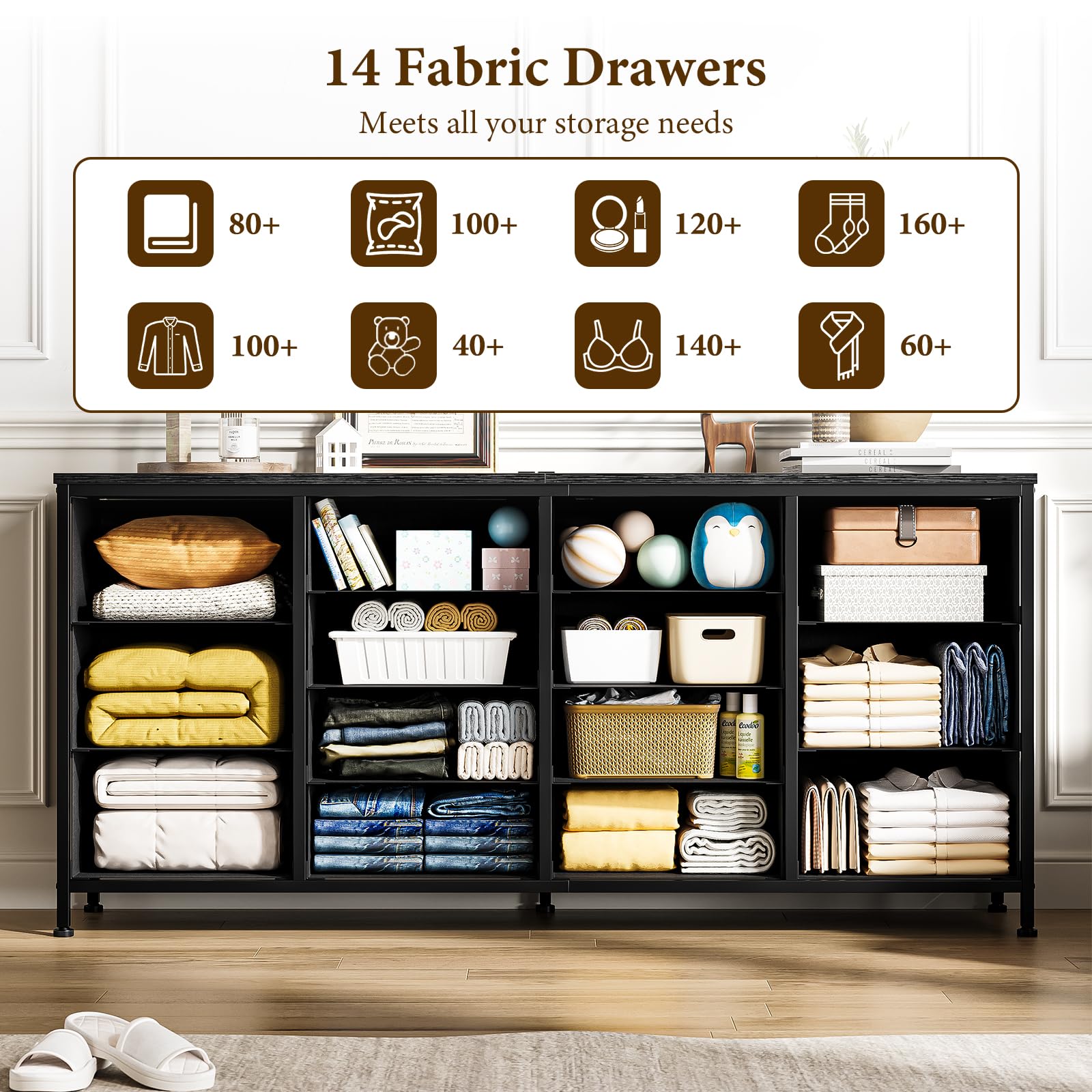 Meuble TV Garvee noir de 160 cm de large avec 14 tiroirs, prises électriques et revêtement en tissu pour salon et chambre.