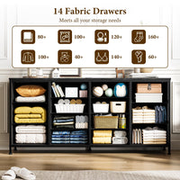 Meuble TV Garvee noir de 160 cm de large avec 14 tiroirs, prises électriques et revêtement en tissu pour salon et chambre.