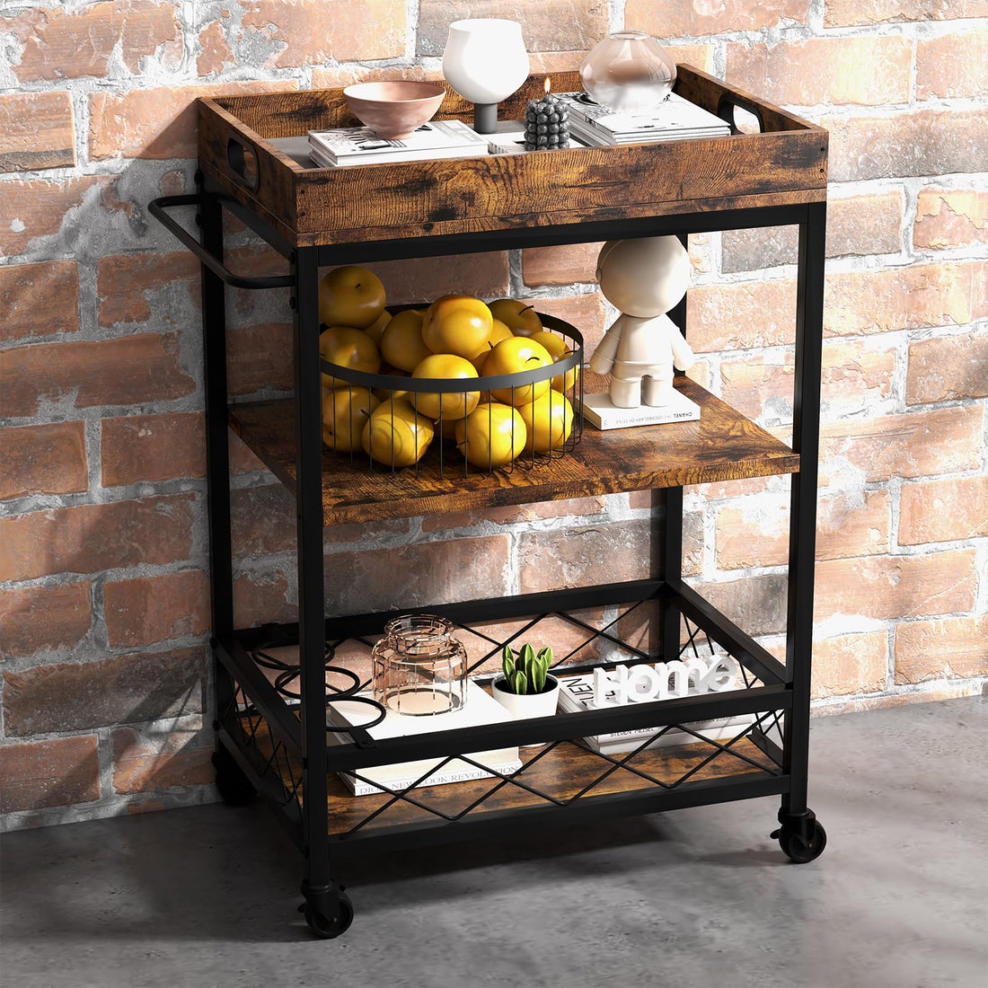 Chariot de service vintage GARVEE avec plateau amovible pour la cuisine, chariot de cuisine à roulettes verrouillable pour bar, table d'appoint style industriel