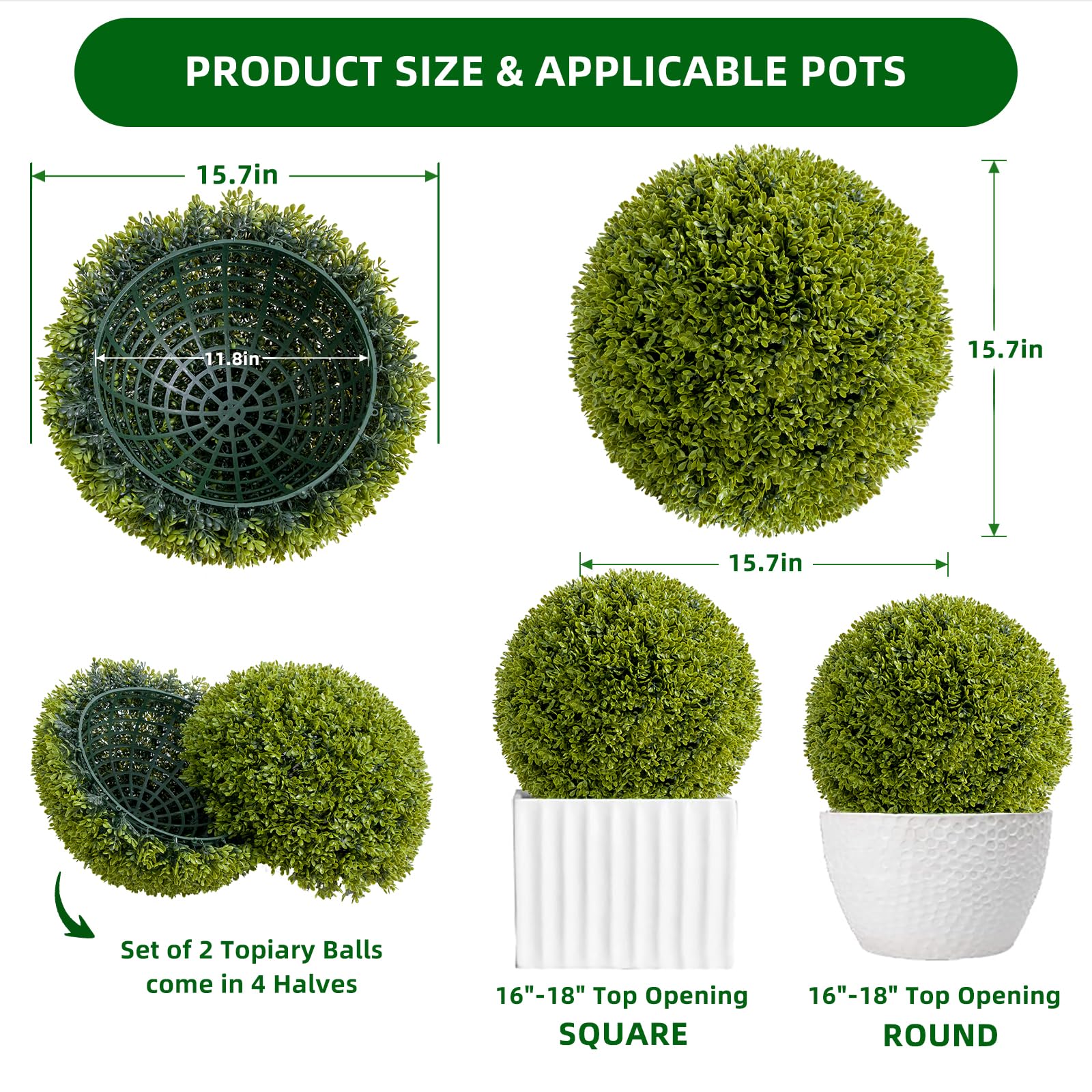 Ensemble de boules de buis artificiel Garvee de 40 cm (15,7 pouces), résistant aux UV et sans entretien, en polyéthylène, pour la décoration intérieure et extérieure (vert).