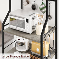 Étagère de cuisine Garvee à 5 niveaux, 2 paniers métalliques, support de bar à café de style industriel, MDF et acier, 8 crochets, gris rustique, multifonctionnelle pour la cuisine