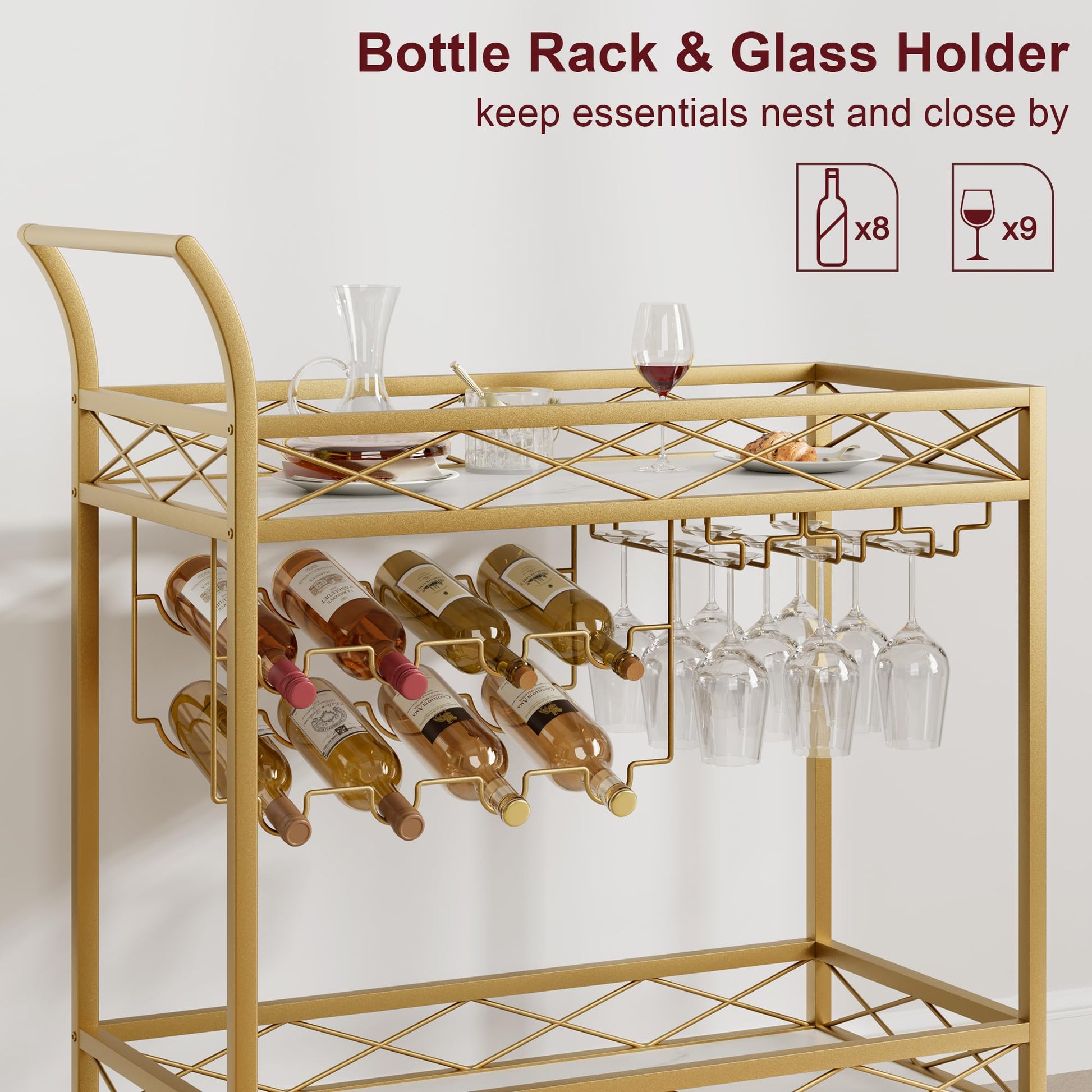 Chariot de bar Garvee Gold avec 2 étagères, casier à vin et porte-verres, structure en fer, étagères en marbre blanc et bois, 4 roues, pour cuisine et salon