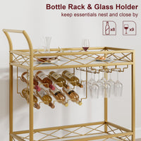 Chariot de bar Garvee Gold avec 2 étagères, casier à vin et porte-verres, structure en fer, étagères en marbre blanc et bois, 4 roues, pour cuisine et salon