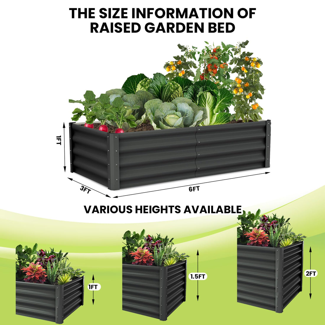 Potager surélevé galvanisé Garvee 180 x 90 x 30 cm, en acier, antirouille, avec rebord de sécurité, idéal pour le jardin et la terrasse, durable et facile à monter.
