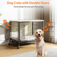 Cage pour chien Garvee 69 cm en bois avec roulettes et double porte, pour chiens de petite et moyenne taille, intérieur gris rustique