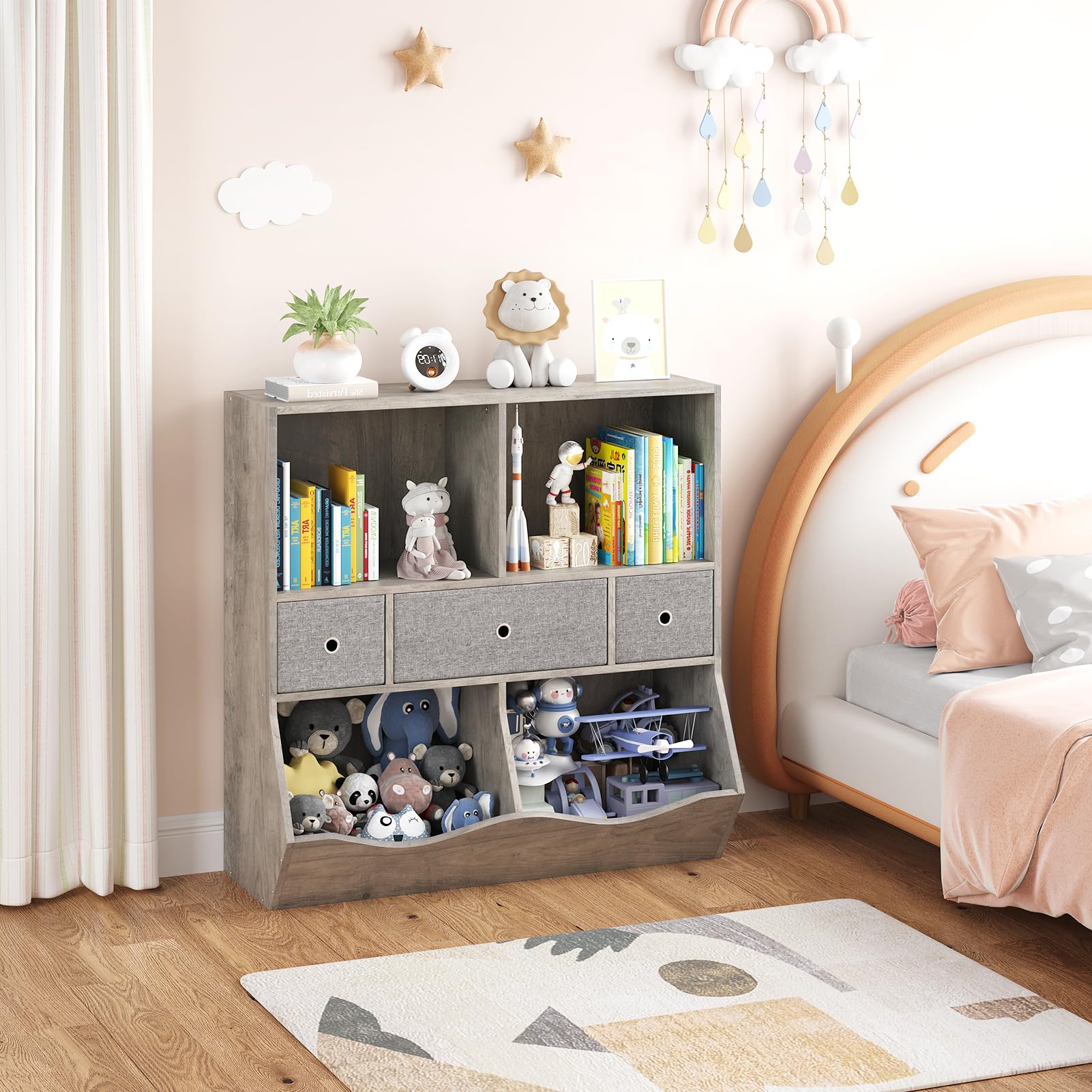 Grand meuble de rangement pour jouets Garvee à 7 compartiments et 3 tiroirs, idéal pour la salle de jeux et le couloir, gris, 93 cm (L) x 39 cm (l) x 93 cm (H)