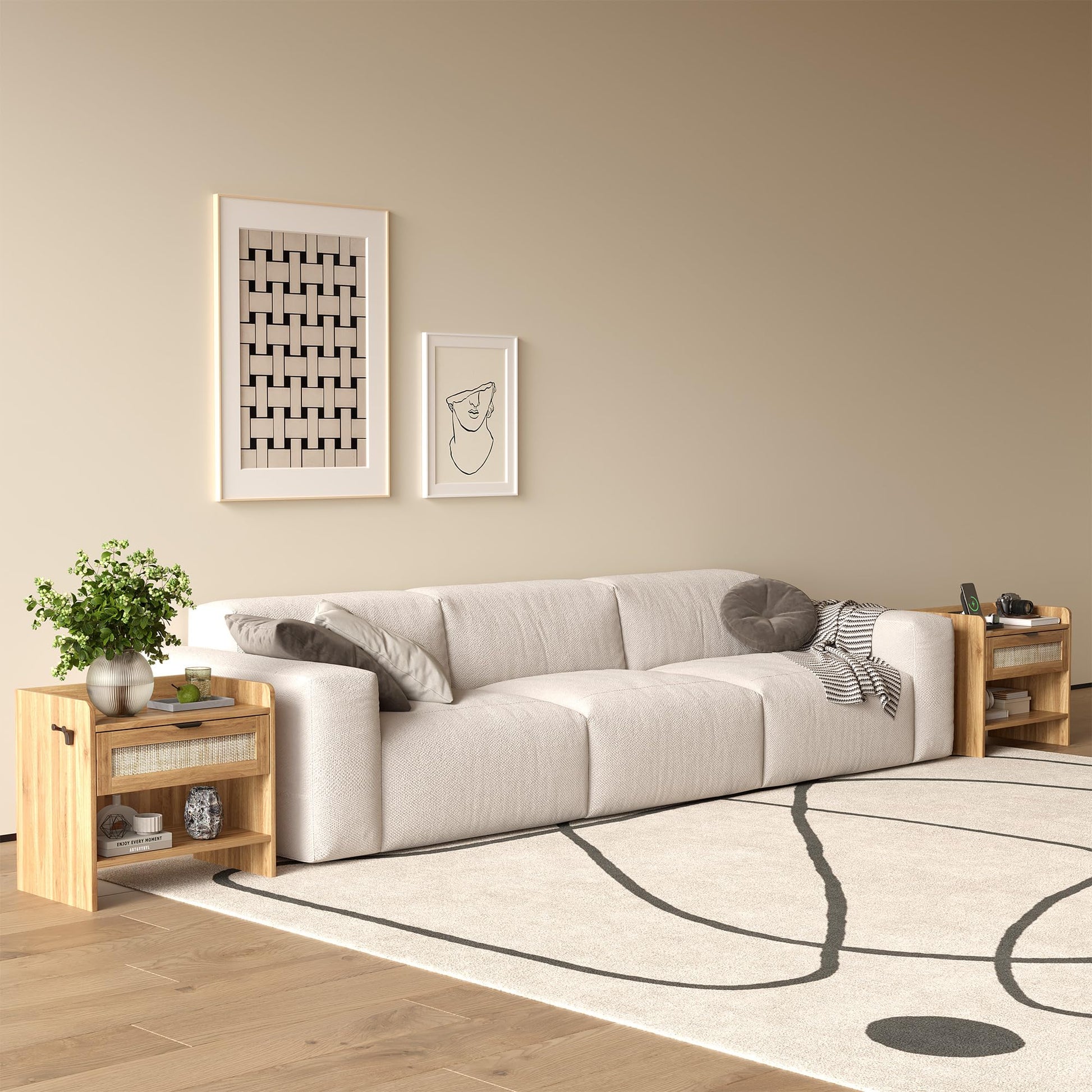 Table de chevet Garvee en rotin avec chargeur USB-C, 1 tiroir, compartiment ouvert, idéale pour la chambre et le bureau, en bois robuste, 60 x 39 x 56 cm, marron