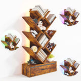 Garvee bibliothèque arbre 7 niveaux avec LED et tiroir pour salon et bureau, 57 cm l × 22 cm w, bois et métal, design cœur - Brun rustique