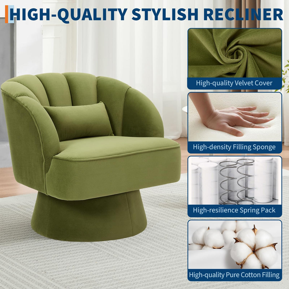 Garvee Fauteuil pivotant moderne en velours vert, rotation 360°, structure en bois robuste, assise confortable, idéal pour salon, chambre ou coin lecture.