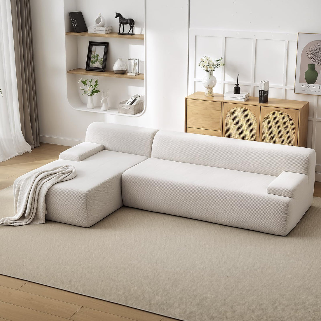 Canapé d'angle Garvee Cloud 108" avec méridienne - Canapé ultra-doux sans ossature, velours côtelé, blanc, salon, en forme de L
