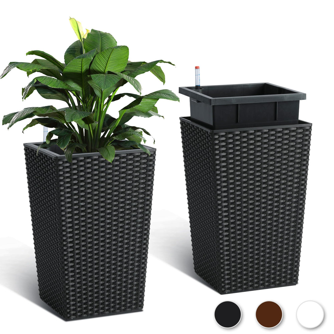 Garvee Lot de 2 jardinières en rotin de 40 cm de haut avec indicateur de niveau d'eau et roulettes, blanches et résistantes aux intempéries, idéales pour la terrasse et le salon.