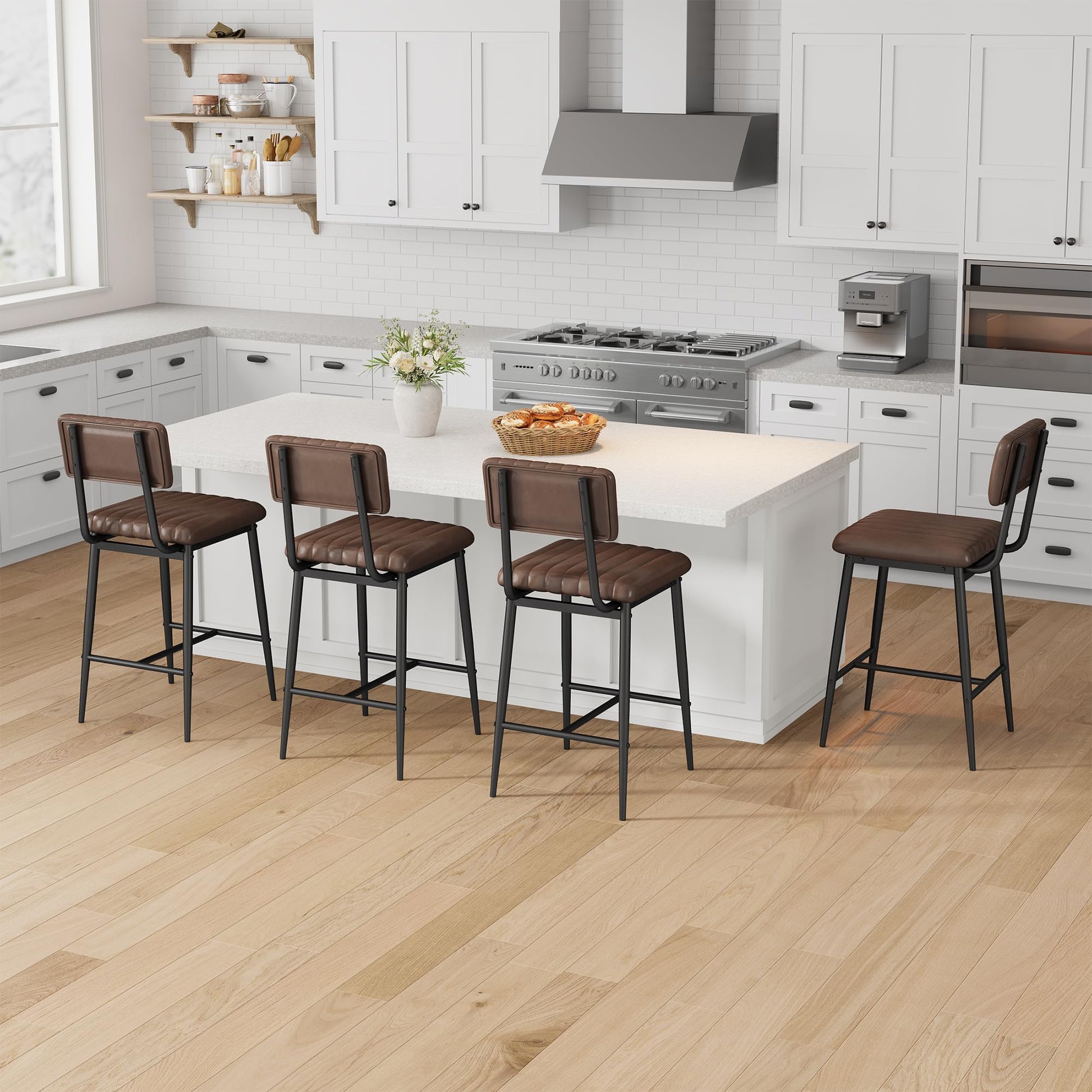 Ensemble de 2 tabourets de bar Garvee, revêtement en similicuir, rembourrage épais, pieds en métal, pour cuisine et îlot central, 65 cm, noir