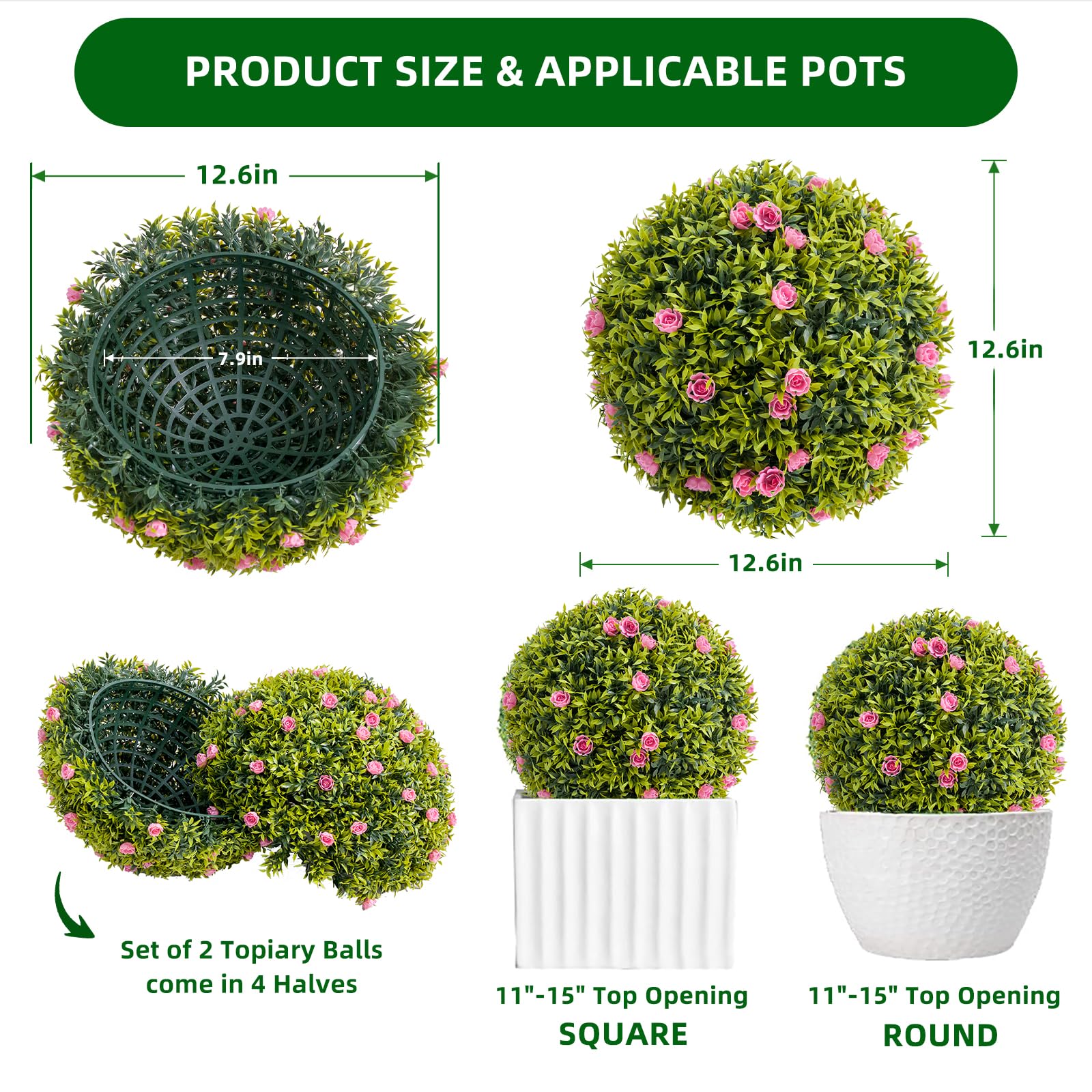 Ensemble de 4 boules de buis artificiel Garvee de 32 cm avec fleurs roses, pour balcon et jardin. Résistantes aux UV, sans entretien, en polyéthylène (PE), vert et rose.