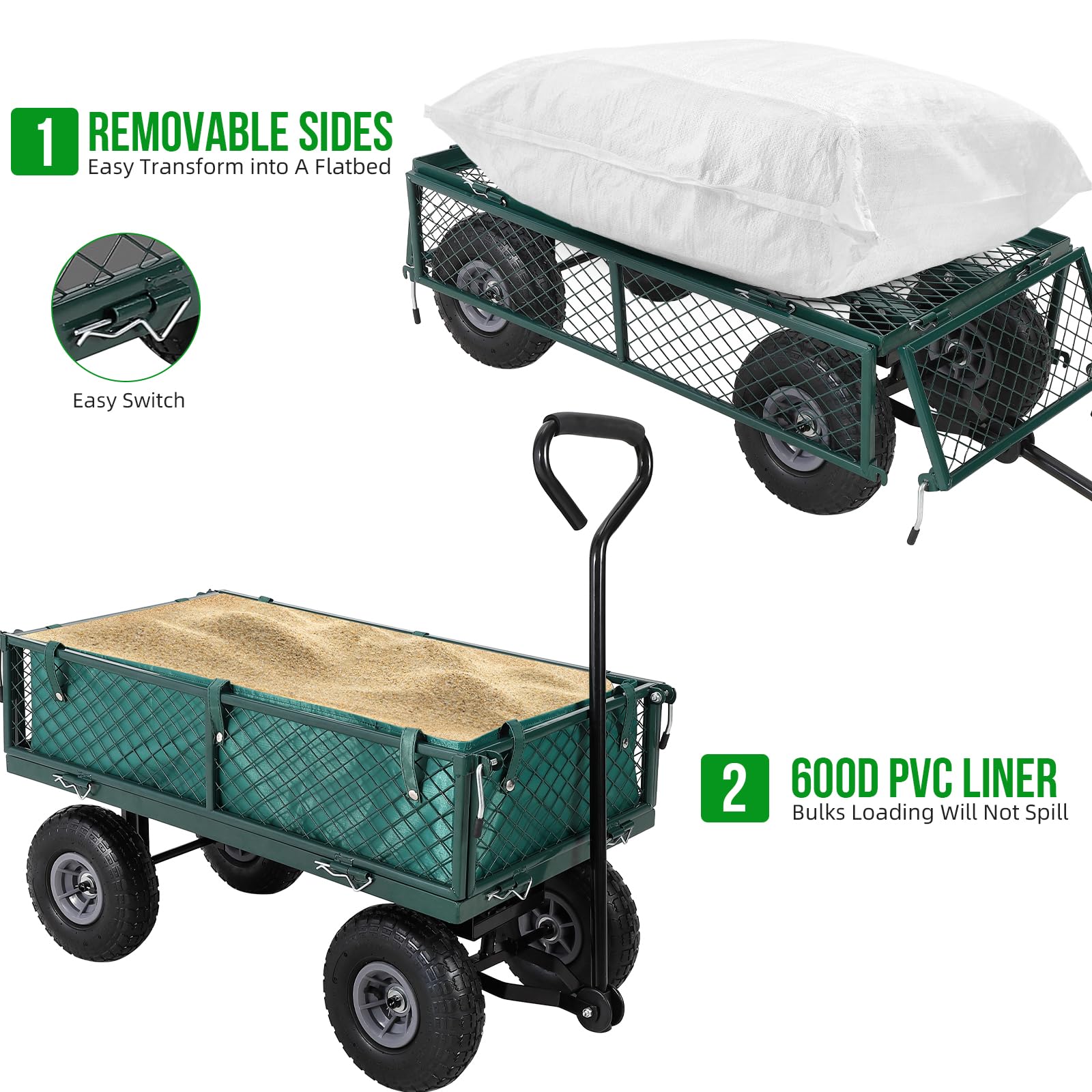 Chariot de jardin Garvee en acier robuste, pliable, capacité de 227 kg (500 lb), avec doublure amovible, pour jardin et cour, 81 cm x 42 cm x 45,5 cm (31,89 po x 16,54 po x 17,91 po), noir