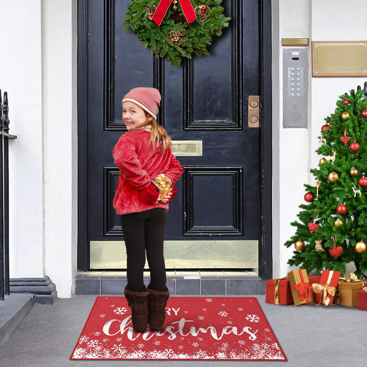 Tapis de porte Garvee Joyeux Noël, motif flocon de neige rouge, pour l'intérieur et l'extérieur, 40 x 60 cm