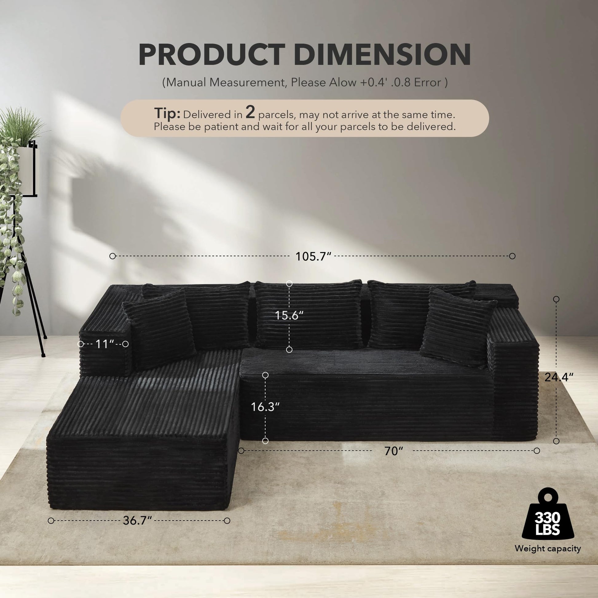 Canapé d'angle Garvee Cloud 106" avec méridienne en L, revêtement en velours côtelé, modulable, pour salon ou chambre, confort d'assise profond, beige