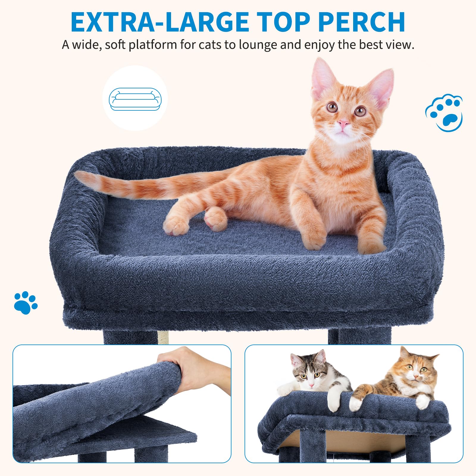 Garvee Arbre à Chat 155 cm Multi-Niveaux pour Grands Chats, Grande Plateforme, 2 Niches Spacieuses, Sisal Naturel, Jouets Suspendus, Intérieur