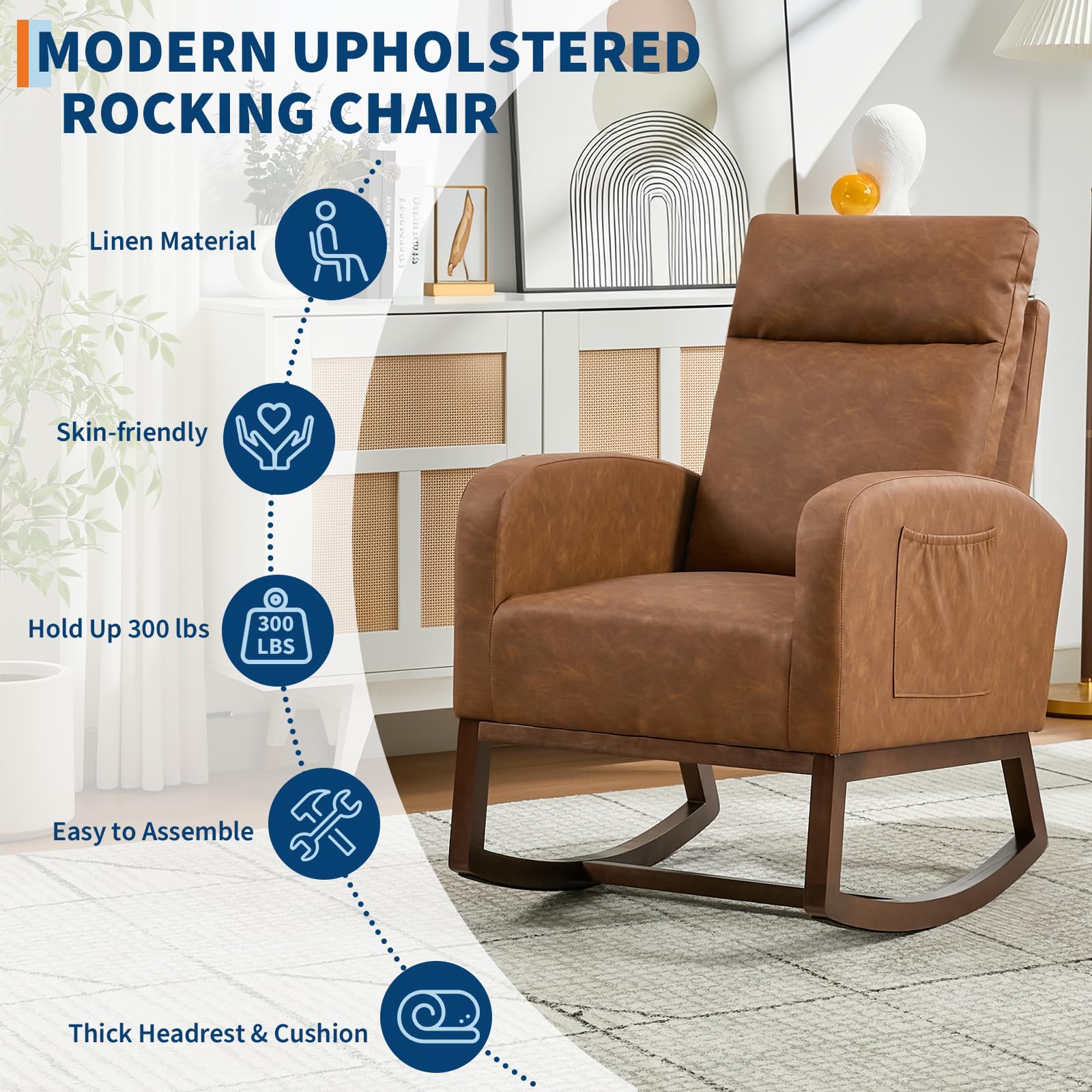 Fauteuil à bascule moderne Garvee pour chambre d'enfant, en cuir PU, avec dossier haut de 66 cm, ergonomique et stable, et poche latérale, noir. Idéal pour le salon et la chambre.