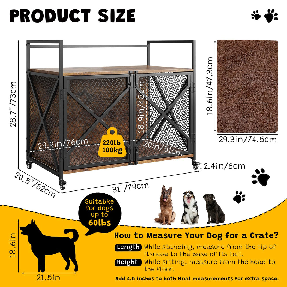 Garvee Cage pour chien de 79 cm (79 cm) avec double porte verrouillable, roulettes pivotantes à 360°, en fer et bois, couleur marron rustique, pour chiens de petite et grande taille, idéale pour le salon